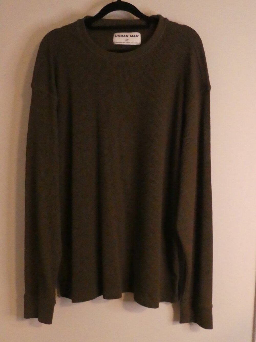 URBAN MAN Men's Waffle Knit Thermal Long Sleeve Shirt Olive Green - size large